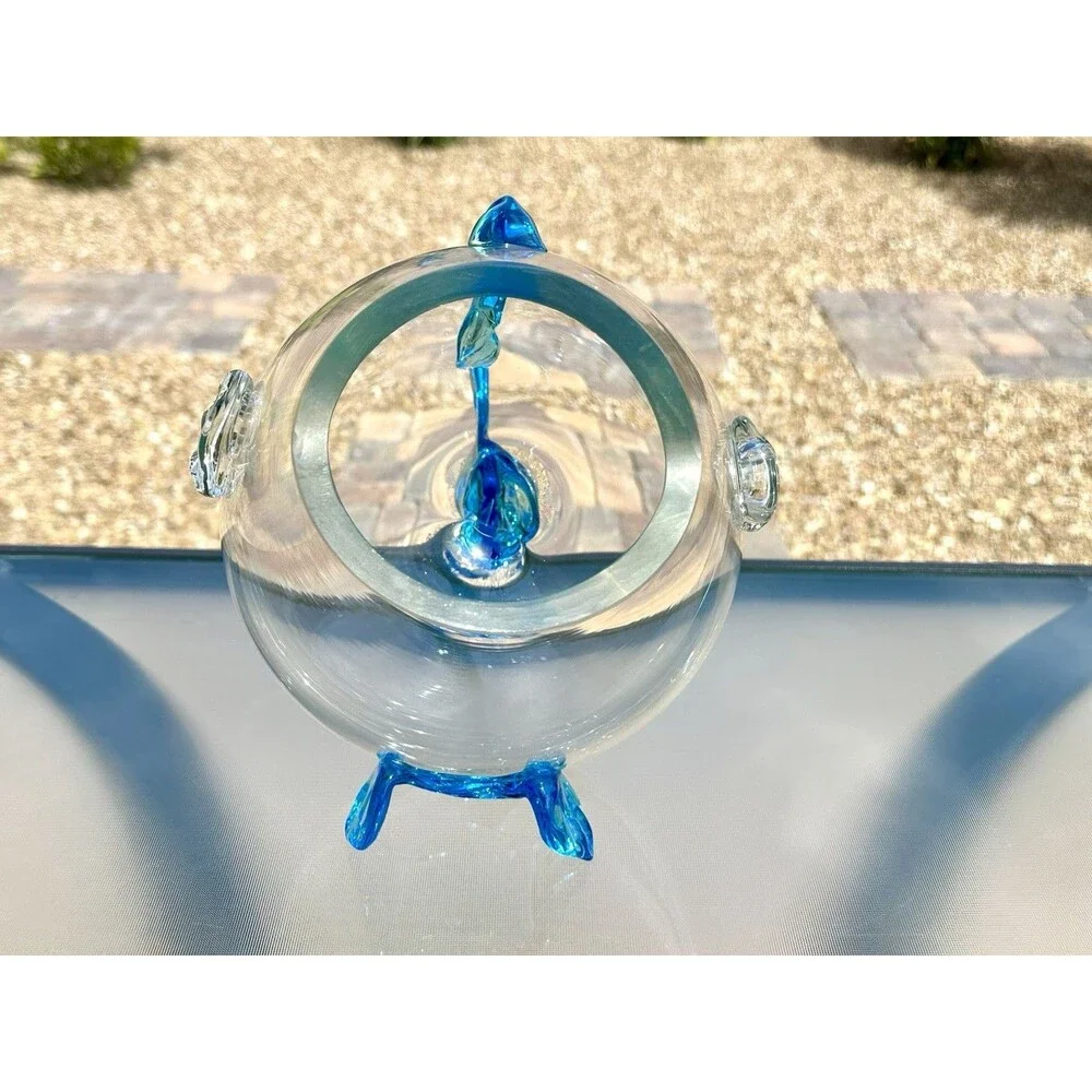 Vintage MCM Blenko Art Glass Fish Shape Sculpture Vase Bowl Clear Aqua Blue 14